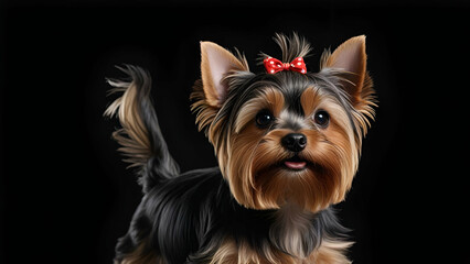 Fototapeta premium Cute Yorkshire Terrier Dog, isolated photo on black background
