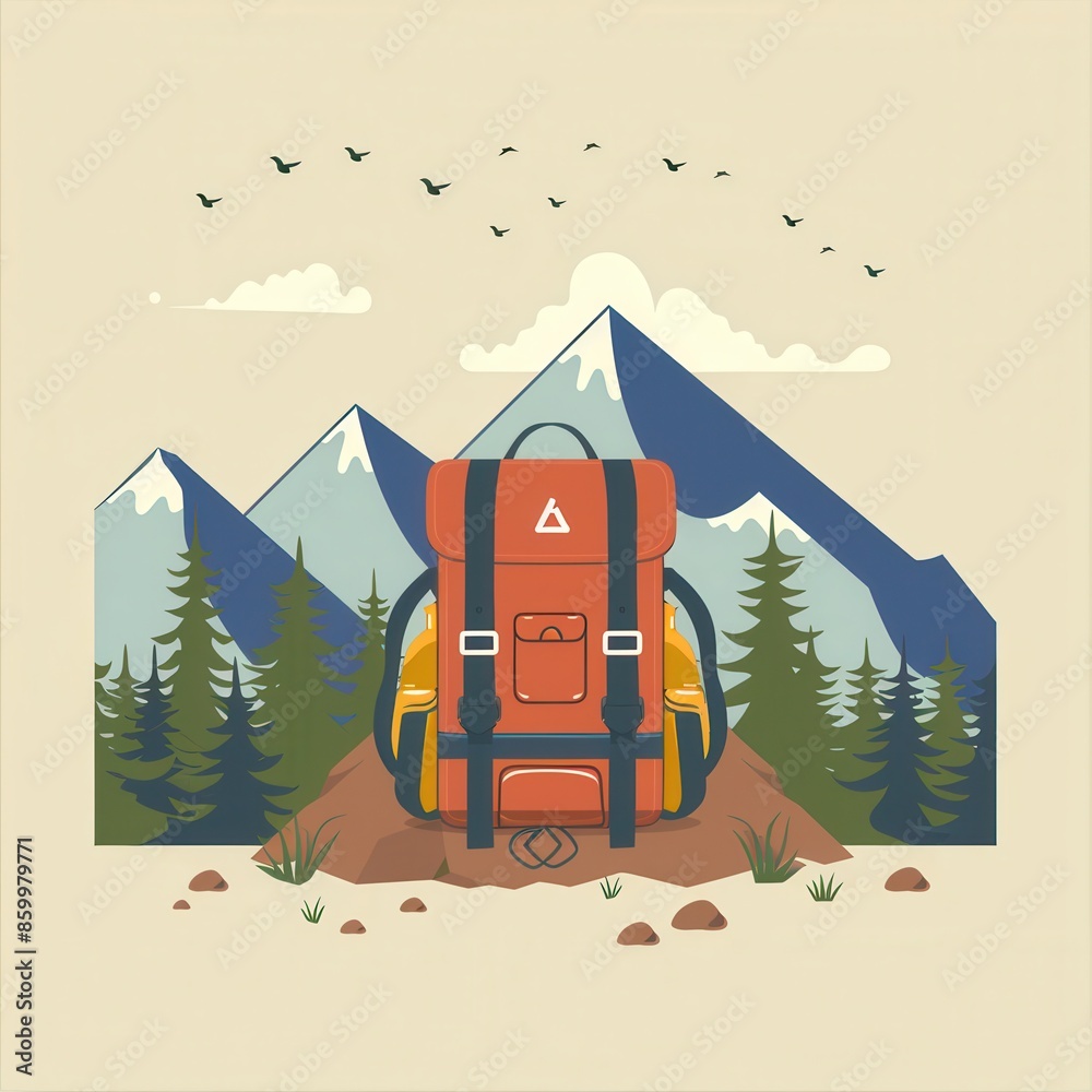 Poster a minimalist illustration depicting a stylized backpack against a backdrop of mountains and forest. 