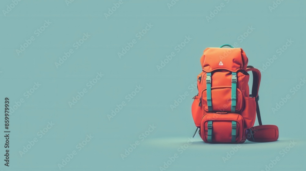 Poster a minimalist image showcasing a bright orange backpack on a simple, light blue backdrop. this simple