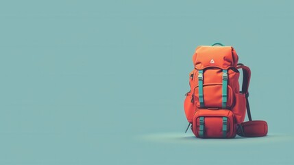 Obraz premium A minimalist image showcasing a bright orange backpack on a simple, light blue backdrop. This simple yet impactful image symbolizes adventure, travel, and exploration. Generative AI