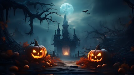 3D render Halloween background with haunted house and glowing pumpkins, dark night forest setting with creepy and eerie vibe