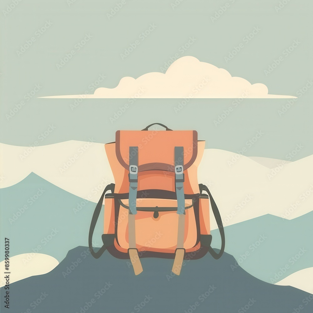 Poster a stylized illustration of an orange backpack resting on a mountaintop against a cloudy sky. the min