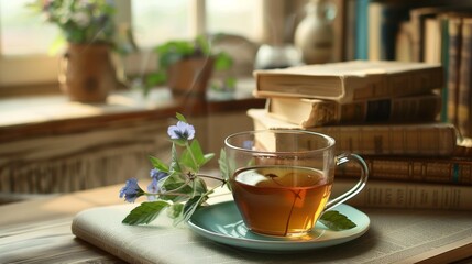 A cozy room with wellness books and a cup of herbal tea.