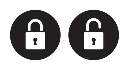 Lock and unlock icon privacy symbol set in black and white color in simple style. Set of close and open locks. Lock icon collection. Locked and unlocked black icon.