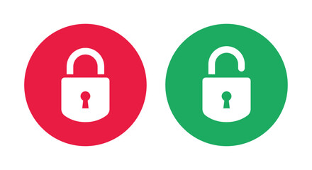 Lock and unlock icon privacy symbol set in green and red circle in lower curve style. Set of close and open locks. Lock icon collection. Locked and unlocked red and green color.