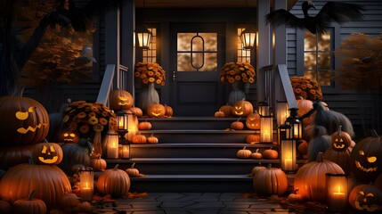 Obraz premium Halloween decorated house, front view, pumpkins and jack-o'-lanterns on the steps, spooky ornaments, festive and eerie ambiance