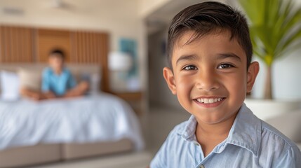 Naklejka premium Young boy smiling in foreground with another child on bed in background, cozy modern bedroom with plants and natural light.