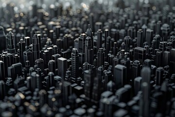 Obraz premium Create a birds-eye view of a futuristic cityscape in deep black hues against a gradient grey background,