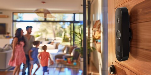 Parents using a smart doorbell camera to see who is at the door while kids play in the background, illustrating enhanced home security features