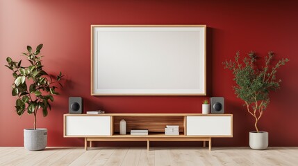 3d rendering of modern living room interior with wood tv stand and white blank frame mockup on red wall near soundbar system, book shelf. Minimalist home decor background for advertising design