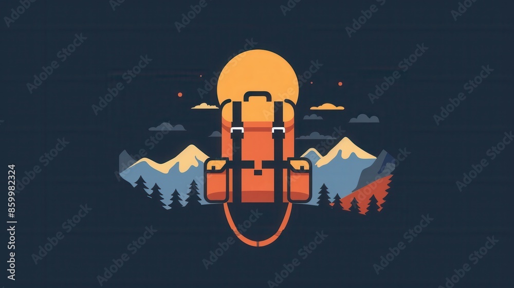 Poster a minimalist image featuring a stylized backpack against a dark blue sky with a full moon and mounta