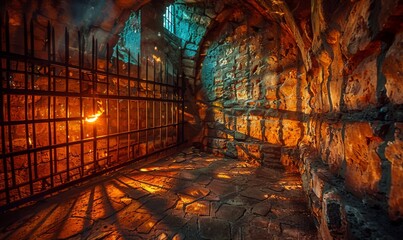 Fototapeta premium A medieval dungeon with iron bars, stone walls, and flickering torchlight casting shadows