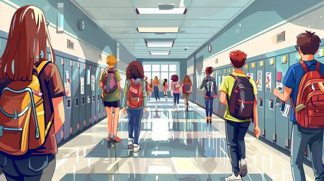Create an image of a school hallway where students are following school rules, staying organized with their lockers, and respecting each other and the school environment.