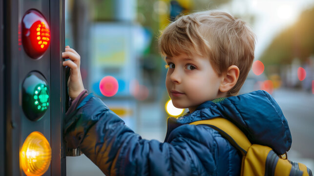 Little schoolboy with backpack pressing a button on traffic lights