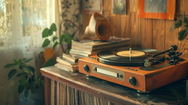 A nostalgic record player with a stack of vinyl records nearby.