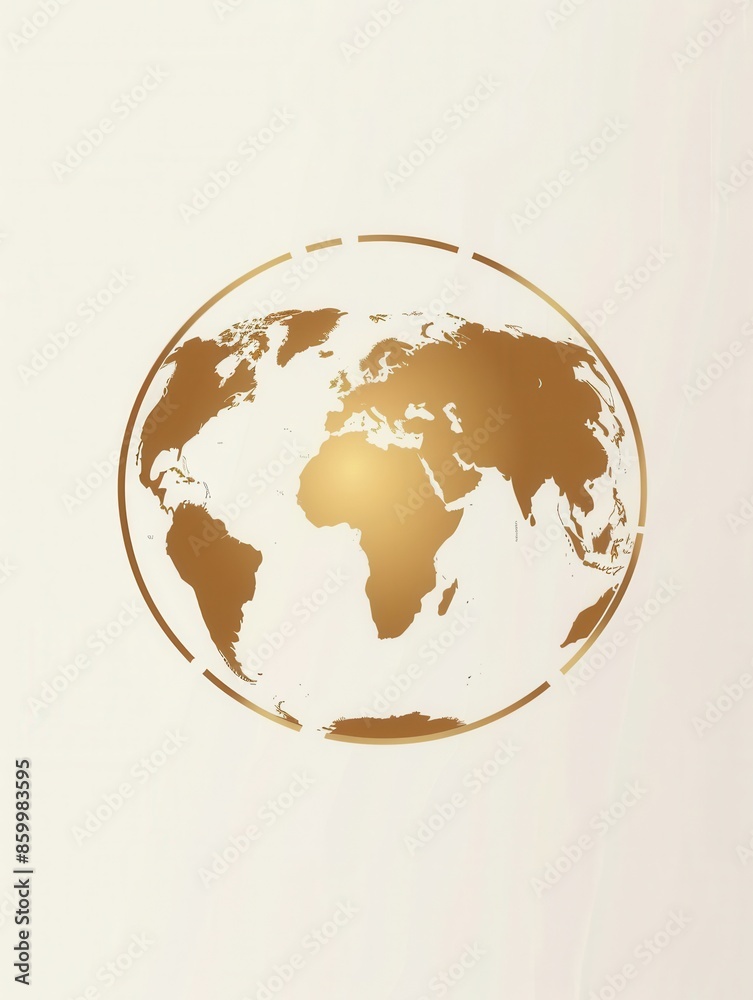 Poster a simple and elegant illustration of a golden globe with the continents of the world depicted in a m