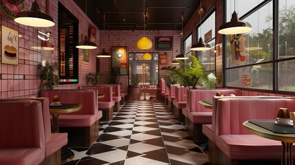 A retro coffee shop with vinyl booths and a checkered floor.