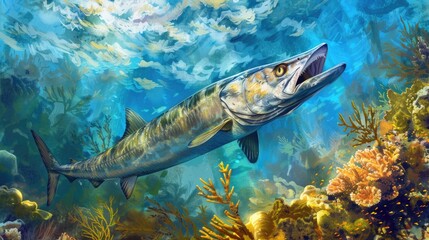 Fototapeta premium Digital painting of a Great Barracuda hunting in the Cayman Islands reef