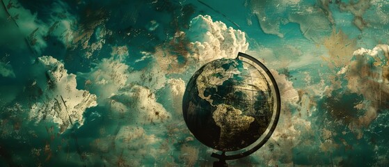 Design a digital representation of a vintage globe from a low angle, emphasizing its aged textures and faded color tones, adding a touch of nostalgia,