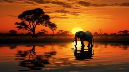 Majestic elephant silhouetted against stunning sunset in untouched wilderness.