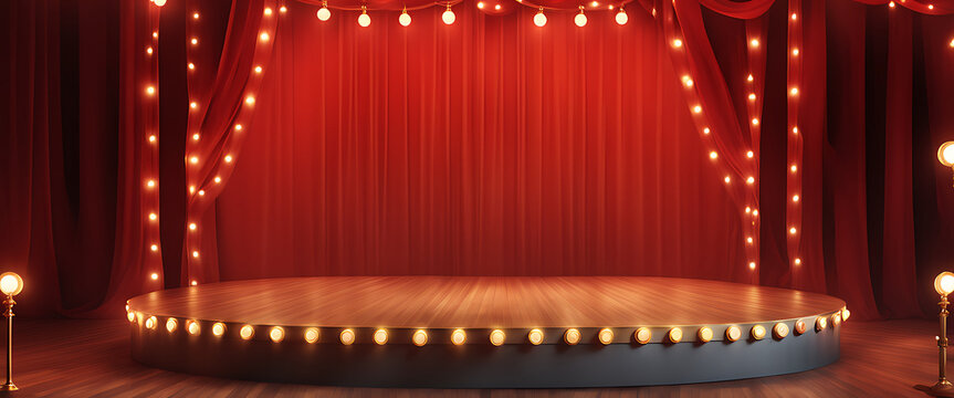 Circus stage podium background 3D carnival light red show curtain. Circus platform stage podium tent theater arena sign vintage spotlight circle stand bulb ringmaster ring cirque cartoon party cinema