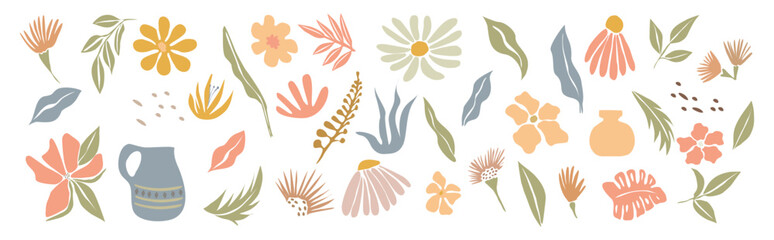 Set of hand drawn floral design elements, abstract shapes. Wild and garden flowers, leaves. Contemporary modern vector botanical art illustrations in trendy peach fuzz colors on transparent background