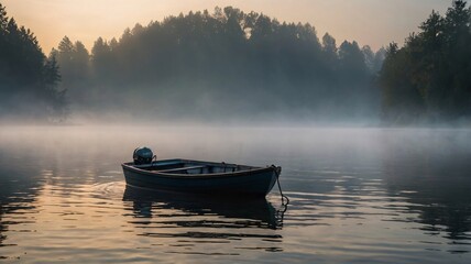 Fototapeta premium Tranquil lake reflecting lush green forest under a clear blue sky, with a wooden canoe resting on the shore