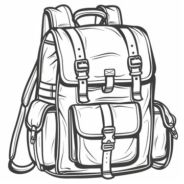 recommend clip art: Illustration of a backpack with multiple pockets and straps, drawn in a detailed, black-and-white line art style.