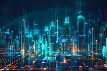 Fototapeta premium Futuristic Digital Cityscape Illuminated by Vibrant Lights