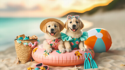 Obraz premium Funny dog wearing summer fashion with rubber ring on the beach. Summer Vacation Concept.