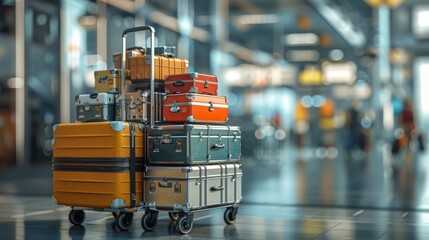 Fototapeta premium Stacked Suitcases at Busy Airport Terminal