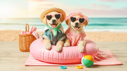 Naklejka premium Funny dog wearing summer fashion with rubber ring on the beach. Summer Vacation Concept.