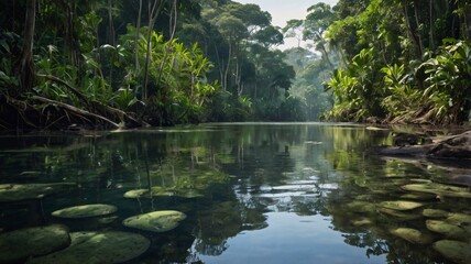 Fototapeta premium Crystal-clear stream meanders through lush green forest, sunlight filtering through towering trees and casting dappled shadows on rocky riverbed