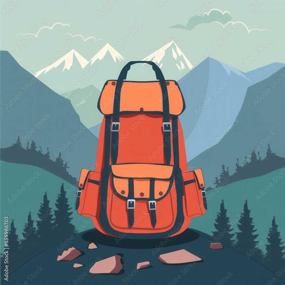 Poster a stylized image of a red backpack standing on a rocky mountain trail. the background features a min