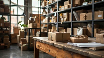 Warehouse Filled with Cardboard Boxes and Tied Packages on Wooden Table