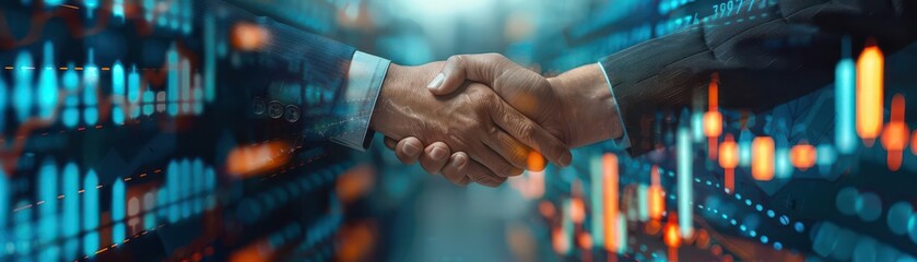 Business people shaking hands with digital financial graphics overlay business handshake financial overlay corporate partnership agreements deal success datum statistic market anal