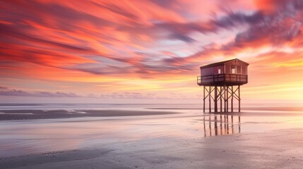 Stilted Beach House at Colorful Sunset Over Calm Ocean