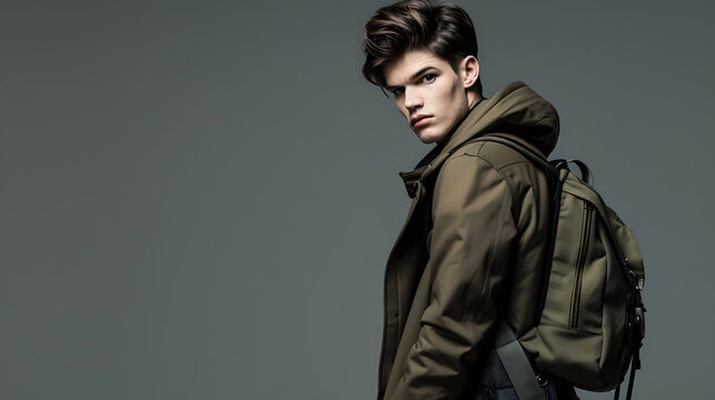 fashion model full body Young man with hairstyle in coat with backpack posing on gray background : Generative AI