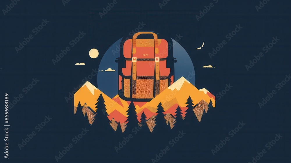 Poster a minimalist illustration of a stylized backpack set against a dark blue background with mountains a