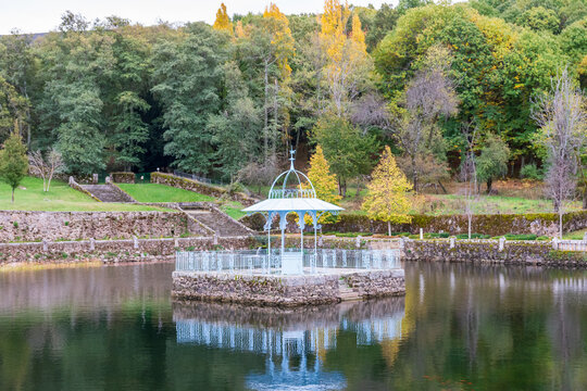 View of the pond of the Renaissance Garden El Bosque de Bejar on a sunny day in Salamanca, Spain