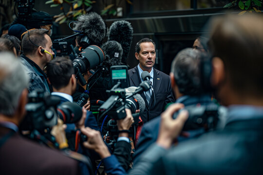  man is being interviewed by a group of reporters. The man is wearing a suit and tie