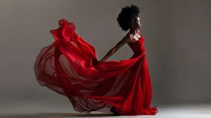 Fashion African Woman in Silk Dress dancing Dark Skinned Model with Black Afro Hair in Long Evening Red Gown with Tail Fabric flying over Gray Background Stylish Women Luxury Clothing  : Generative AI