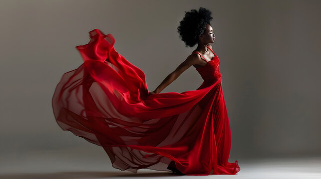 Fashion African Woman in Silk Dress dancing Dark Skinned Model with Black Afro Hair in Long Evening Red Gown with Tail Fabric flying over Gray Background Stylish Women Luxury Clothing  : Generative AI - Powered by Adobe