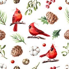 Winter tender seamless pattern with red birds Hand drawn watercolor illustration