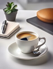 espresso coffee on the white office desk, natural light