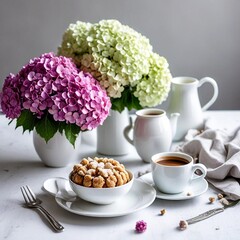 cup of coffee with flowers and cookies