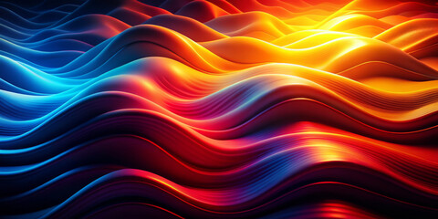 Obraz premium Vibrant waves of blue and red hues ripple across the image in a dynamic, flowing pattern that suggests movement. Colors transition smoothly from warm to cool,with copy space.AI generated.