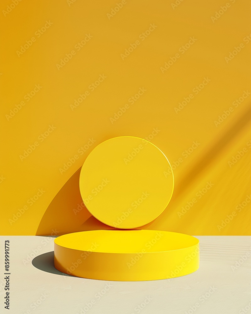 Poster minimalist monochromatic pastel yellow mockup with circular podium in natural light for product disp