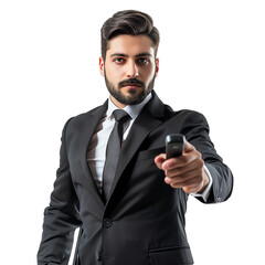 Naklejka premium Confident businessman in suit pointing remote control, isolated background. Professional and assertive corporate image for presentations.