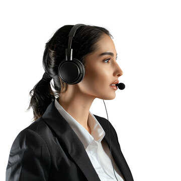 Professional woman in a suit with a headset, working in customer service or a call center, side profile isolated on white background.